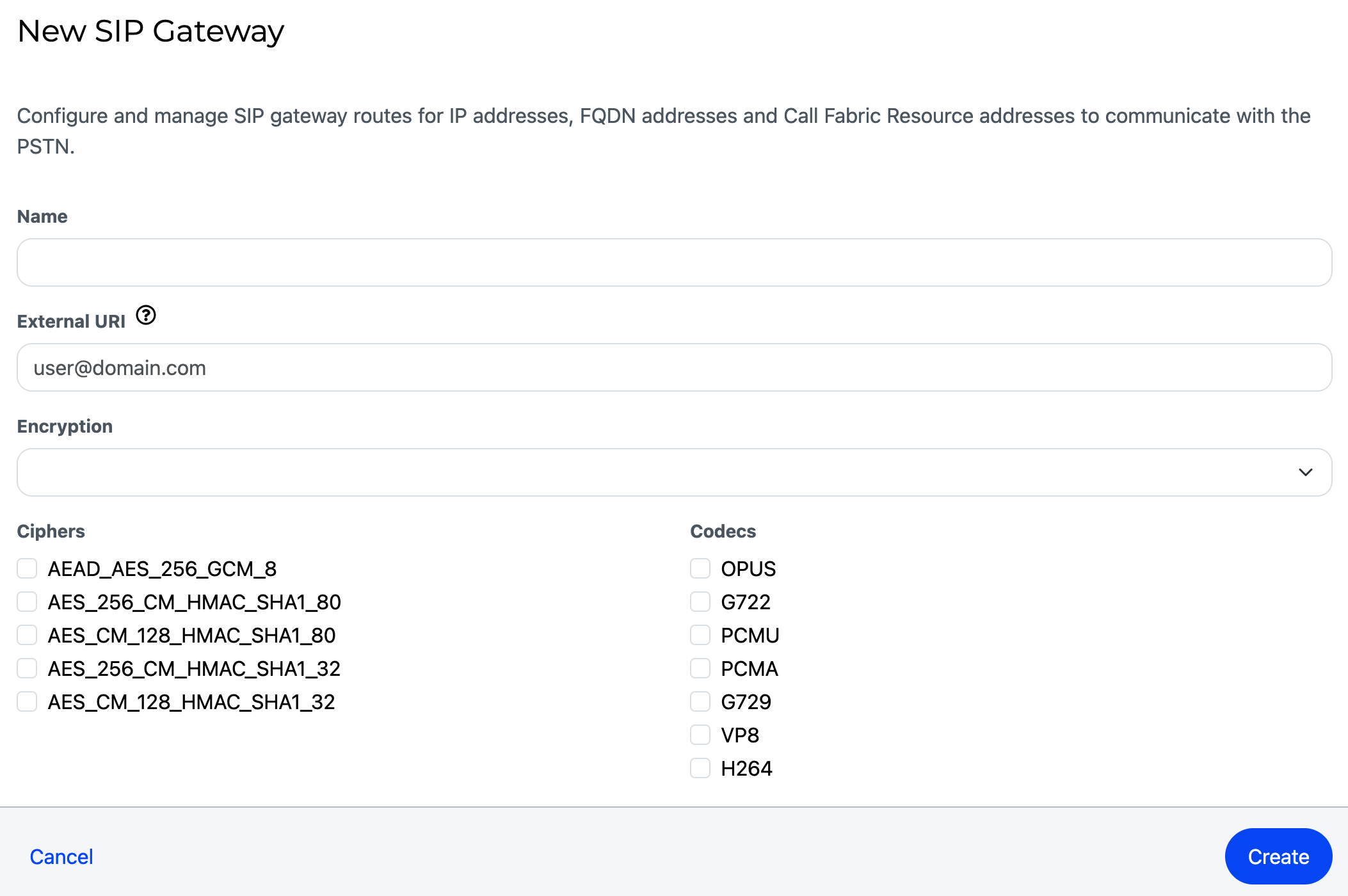 Creating a SIP Gateway Resource in the SignalWire Dashboard.
